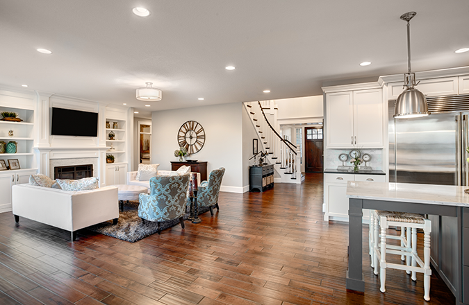 organized kitchen, living and dining rooms