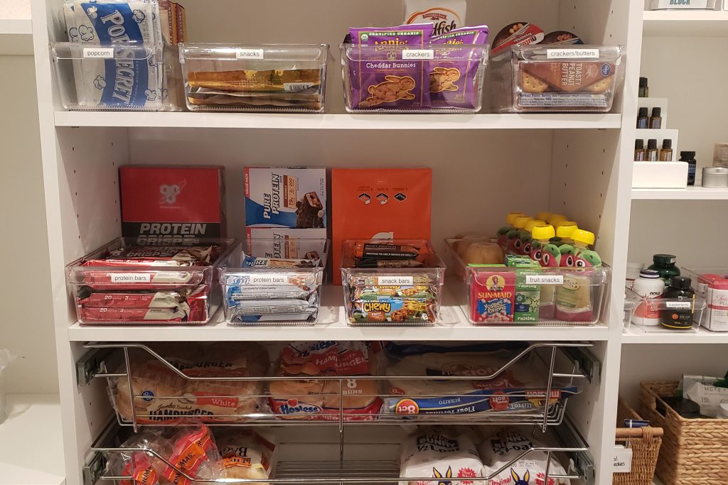 pantry shelves with food