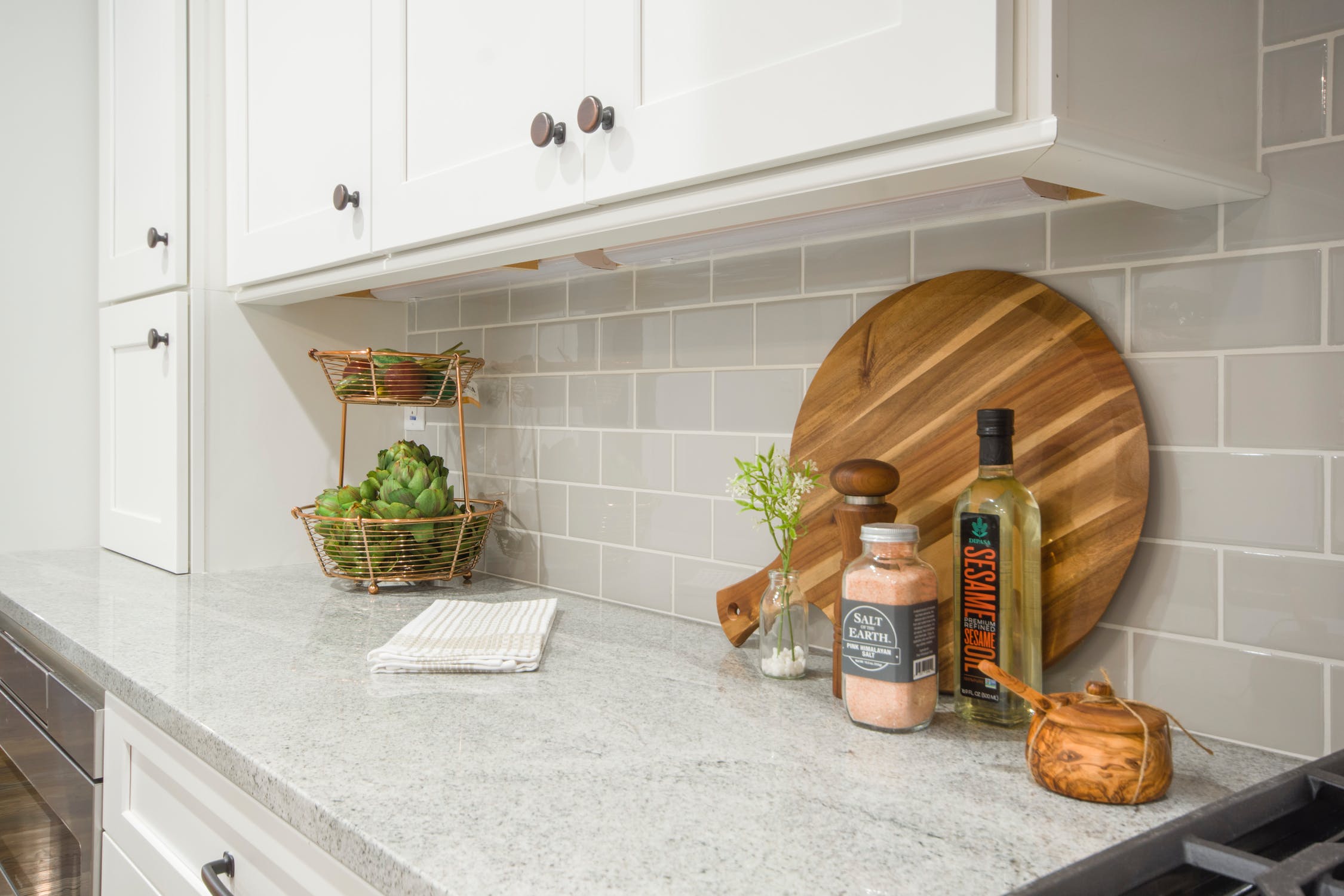 kitchen counter with cutting board