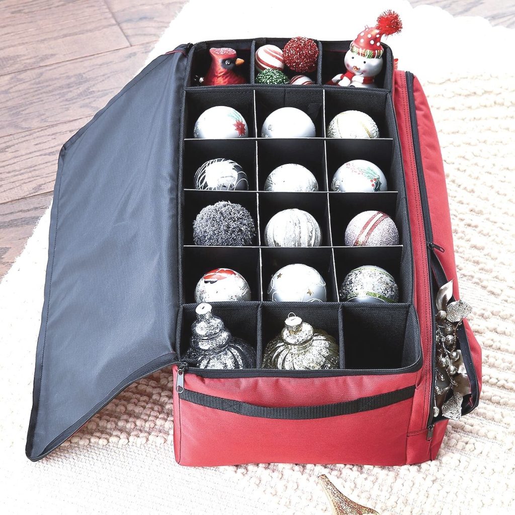 organized ornaments in container store red ornament box