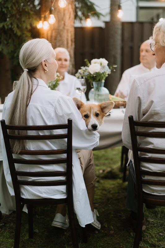 seniors at dinner with dog