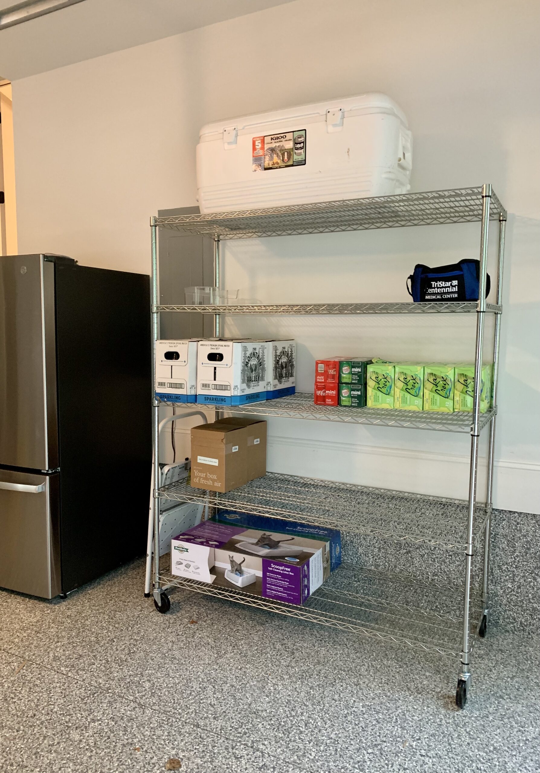 Chrome shelving rack Costco zone in organized garage