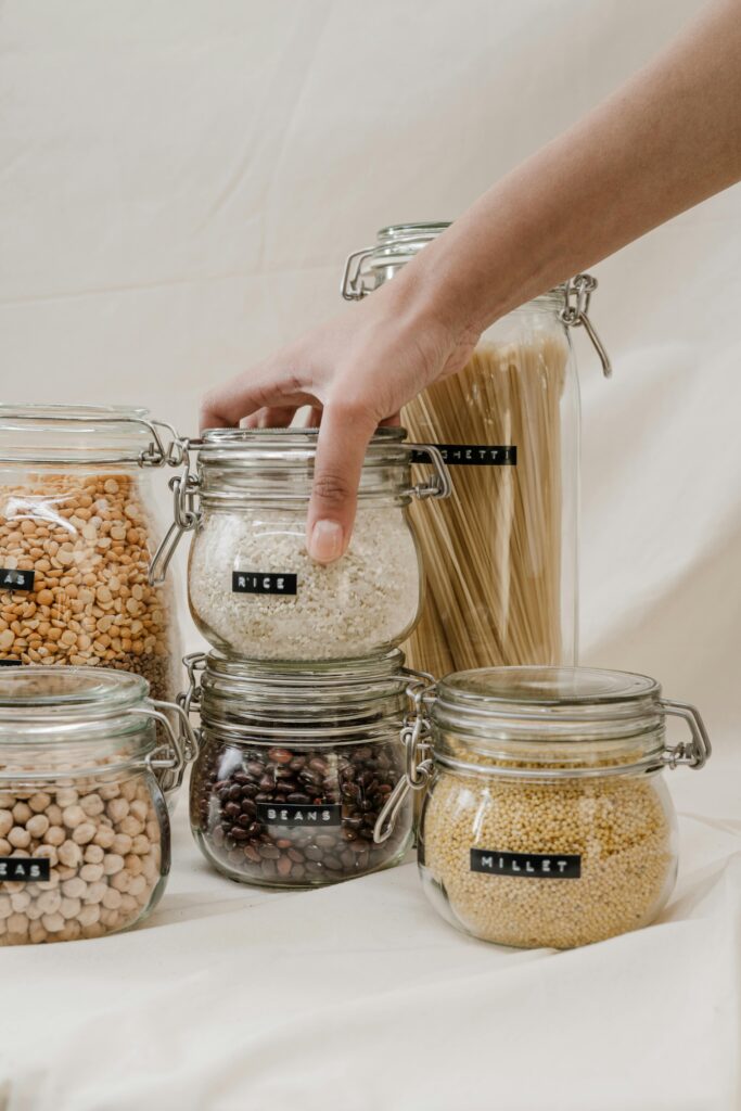 grains in glass labeled jars