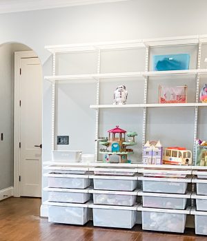 Elfa wall-mounted shelving for maximizing vertical space or creating storage in closets